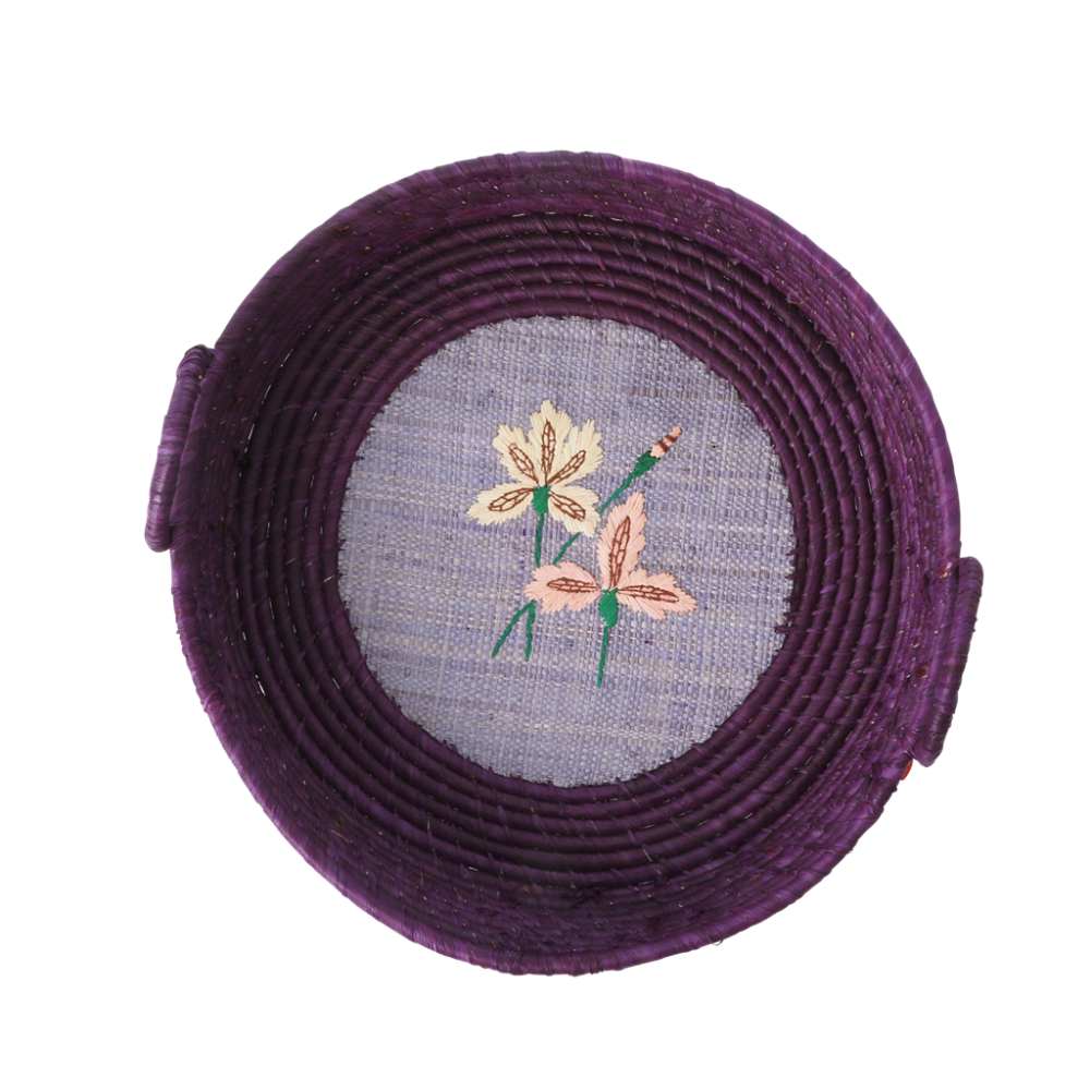 Round Raffia Bread Basket Purple Embroidered Iris Rice DK